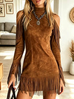 Vintage Western Fringe Art Off-shoulder Casual Stylish Long Sleeve Dress