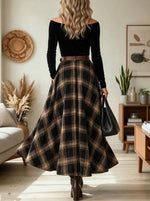Women Black Velvet Off-Shoulder Plaid Maxi Swing Dress