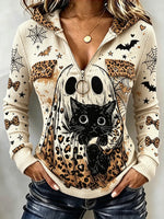Women's Vintage Autumn Halloween Ghost Black Cat Art Print Zip Hoodie Top