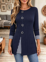 Women's Navy Blue Long Sleeve Top with Asymmetric Rings and Striped Hem