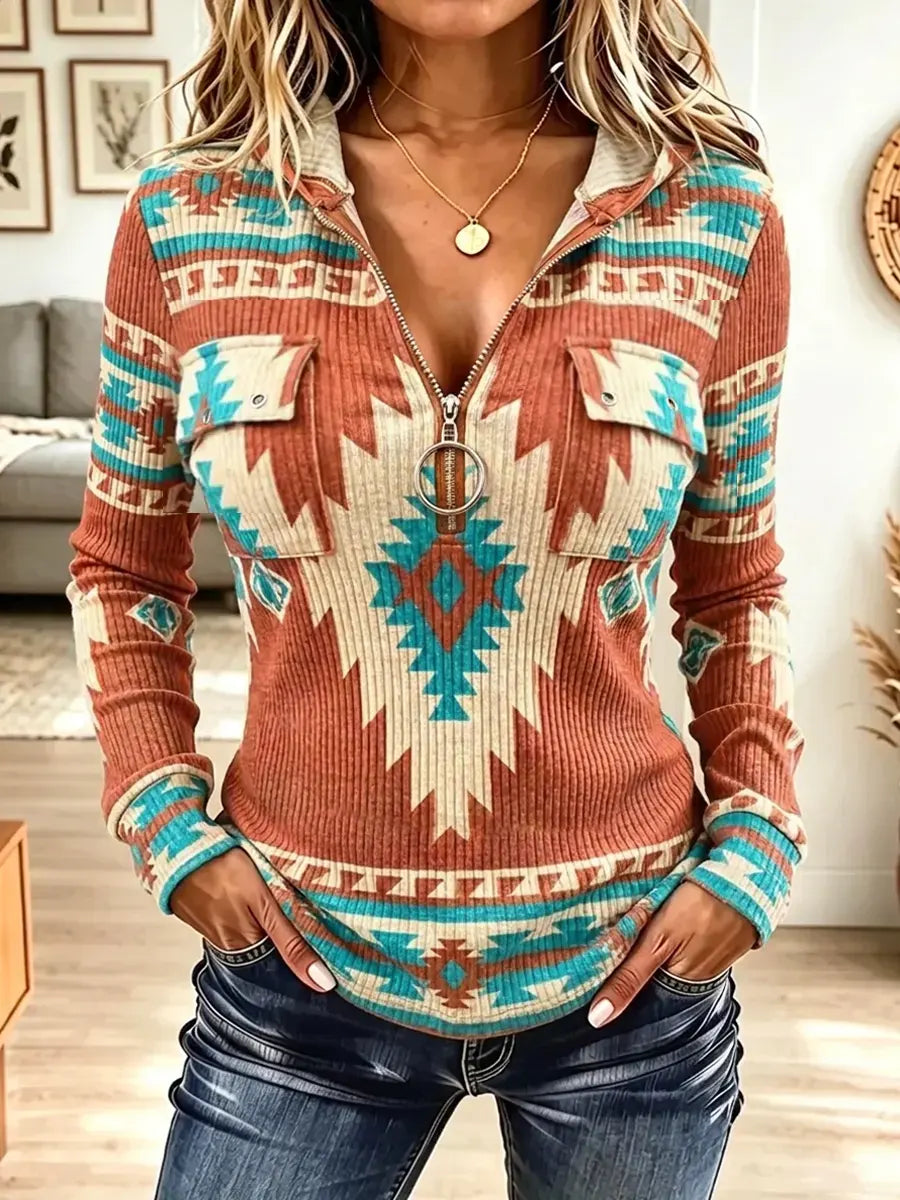 Vintage Western Pattern Zip Art Casual Stylish Hooded Long Sleeve Top