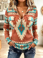 Vintage Western Pattern Zip Art Casual Stylish Hooded Long Sleeve Top