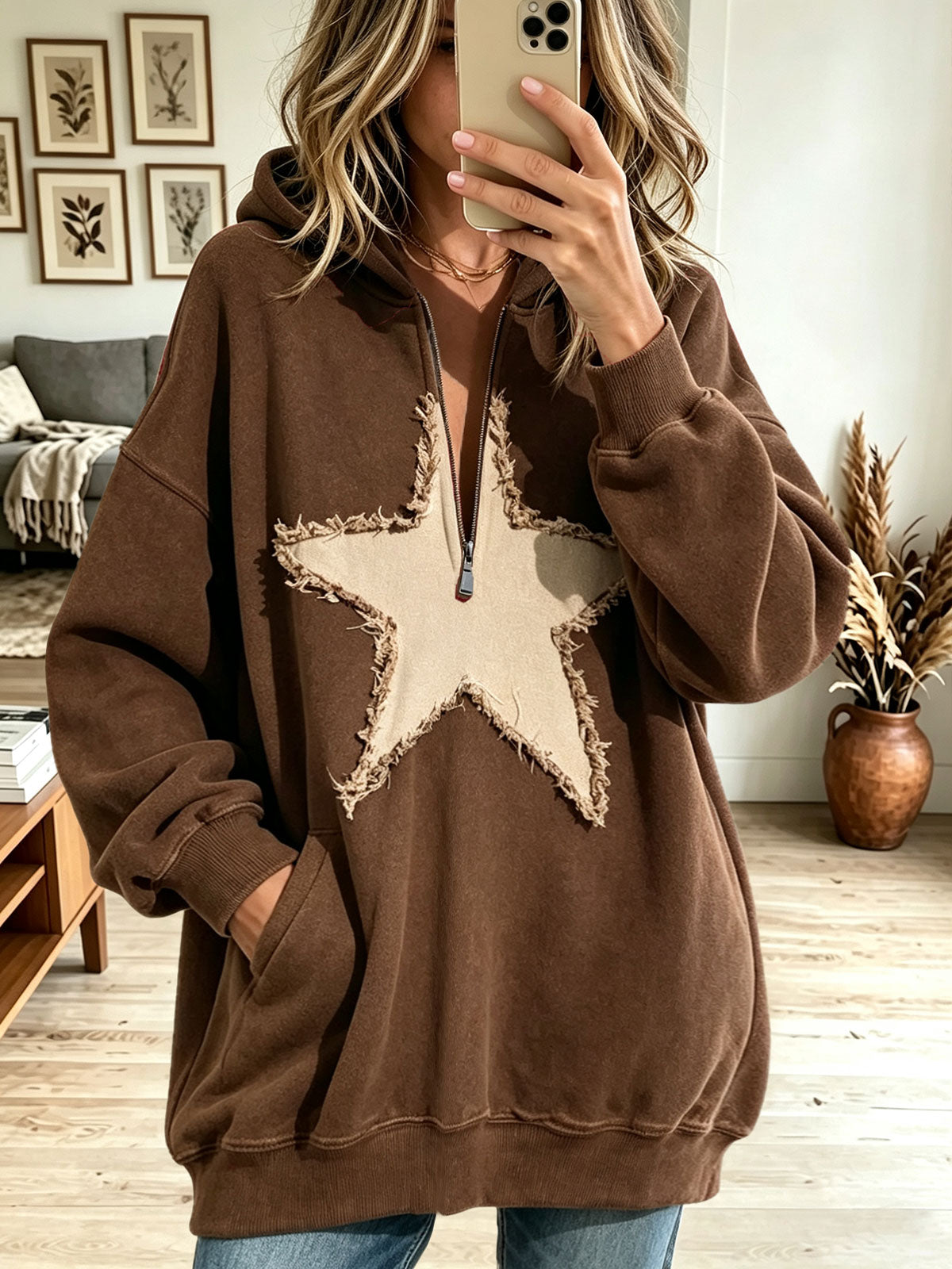 Women's Oversized Half Zip Hoodie Dress, Frayed Star Patch Long Sleeve Sweatshirt Tunic