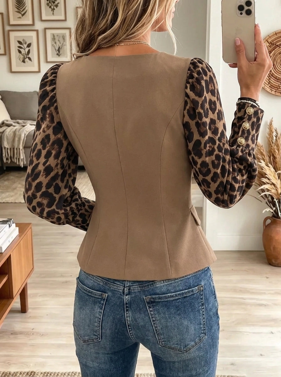 Women's Leopard Puff Sleeve Bow Peplum Top