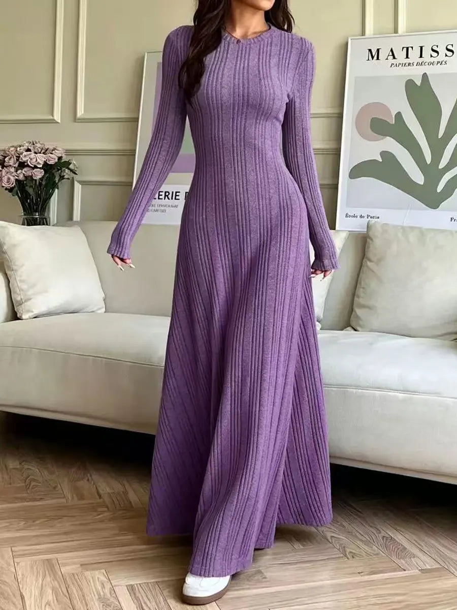 Vintage Chic Elegant Knit Art Casual Round Neck Stylish Long Sleeve Dress