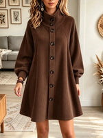 Women's High Neck Button-Down Corduroy A-Line Dress