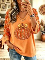 Women Fall Pumpkin Graphic V Neck 3/4 Sleeve Waffle Knit Top