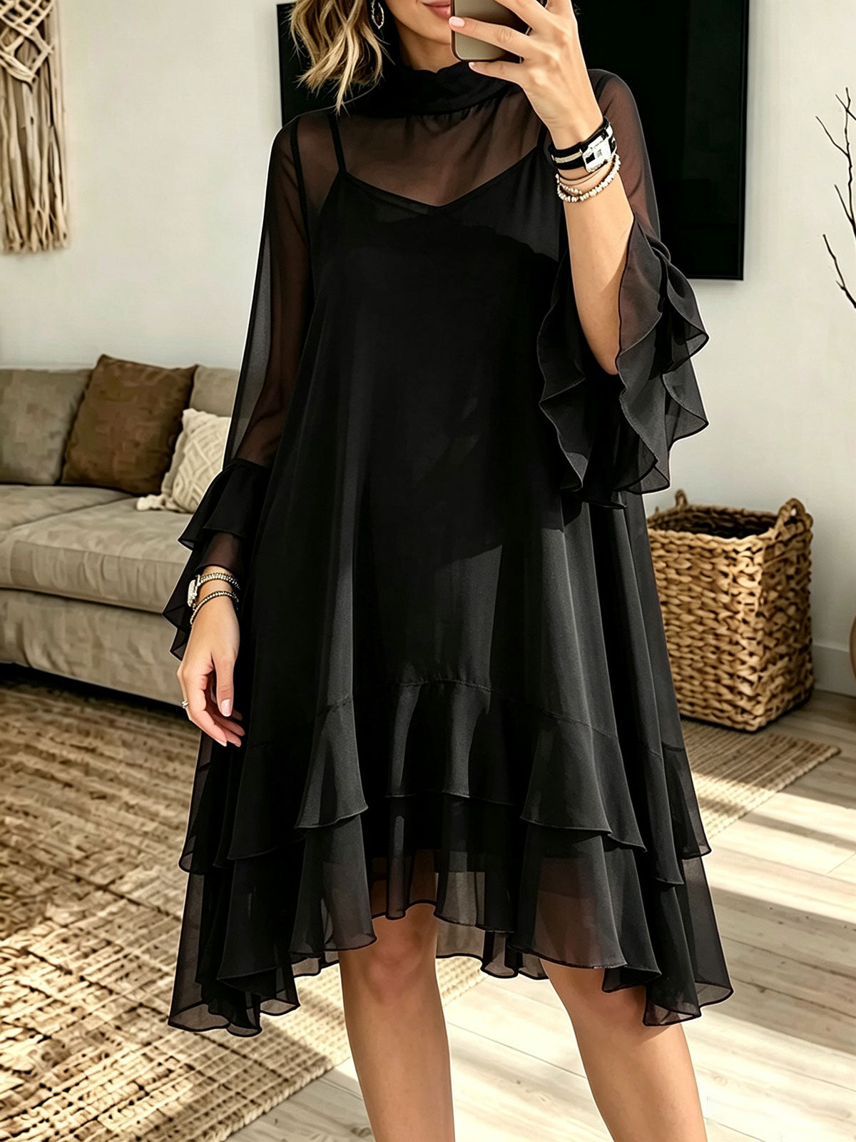 Women Mock Neck Chiffon Faux Two‑Piece Ruffle Bell Sleeve Midi Dress