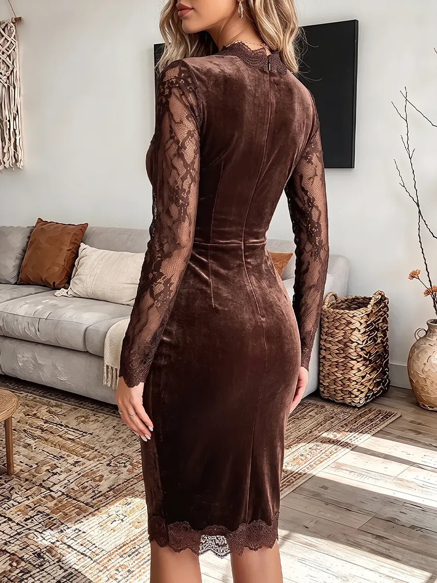 Vintage Elegant Velvet Patchwork With Sheer Lace Dress