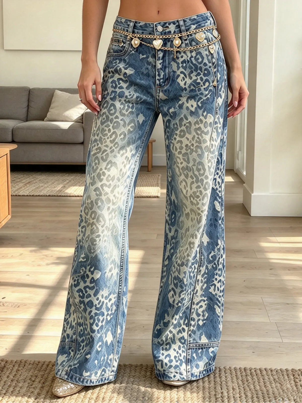 Women's Leopard Print High-Waisted Wide-Leg Jeans