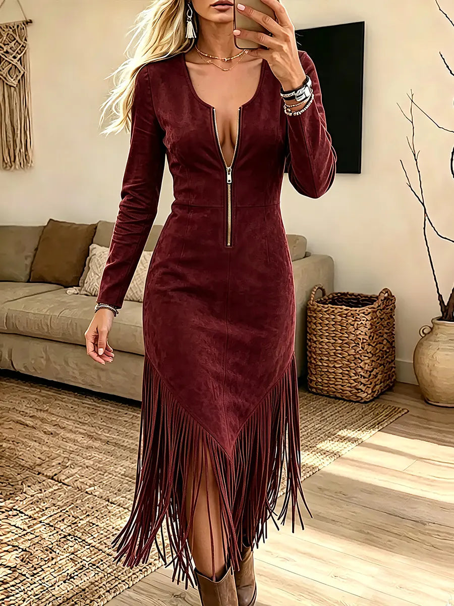 Vintage Elegant Suede Patchwork Long-sleeved Tassels Dress