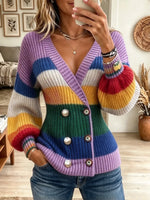Women's Rainbow Striped Double-Breasted Knit Cardigan