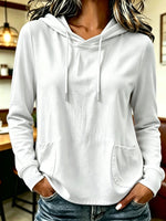 Women Solid Color Drawstring Hooded Long Sleeve Top With Pockets