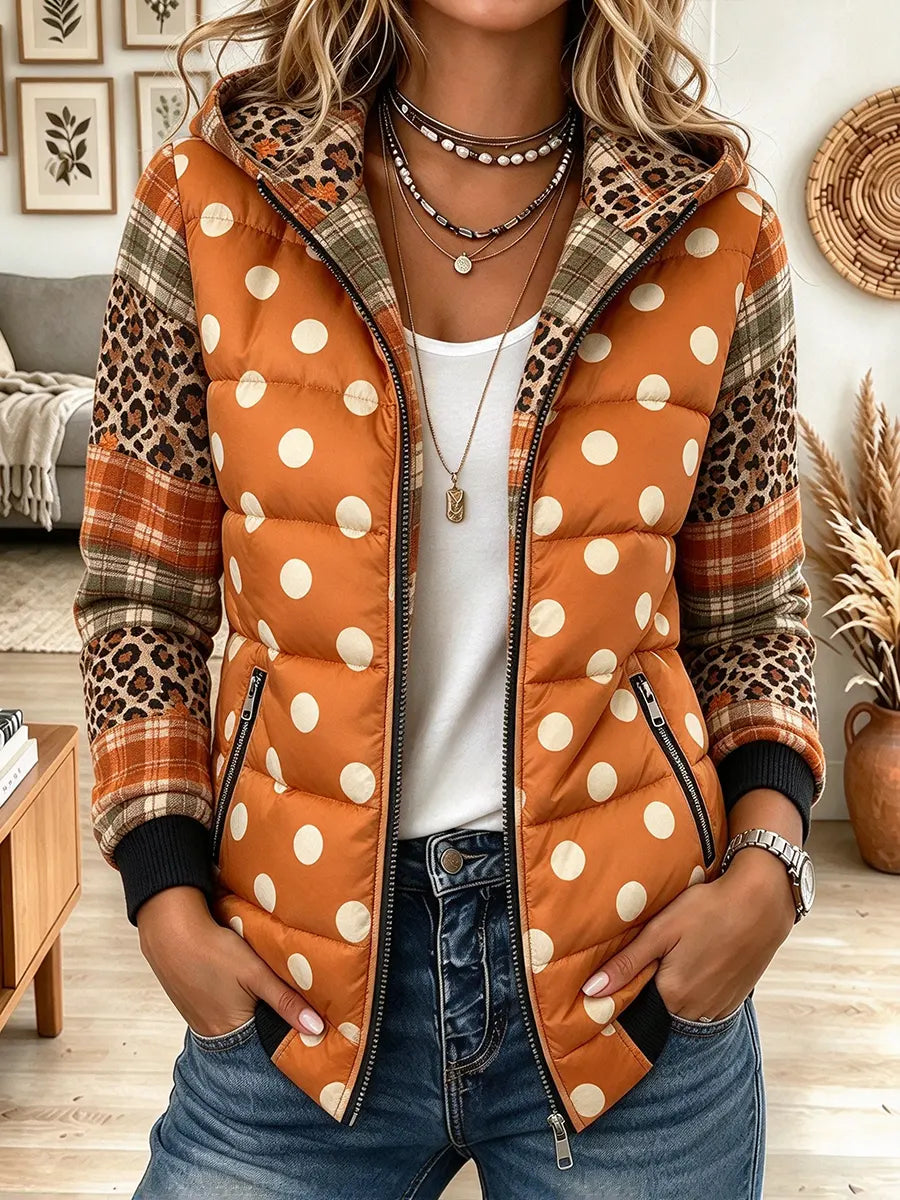 Women's Vintage Elegant Leopard Polka Dot Print Patchwork Quilted Winter Jacket