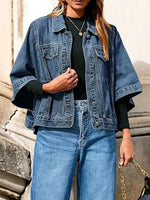 Vintage Classic Lapel Art Casual Stylish 3/4 Sleeve Denim Coat