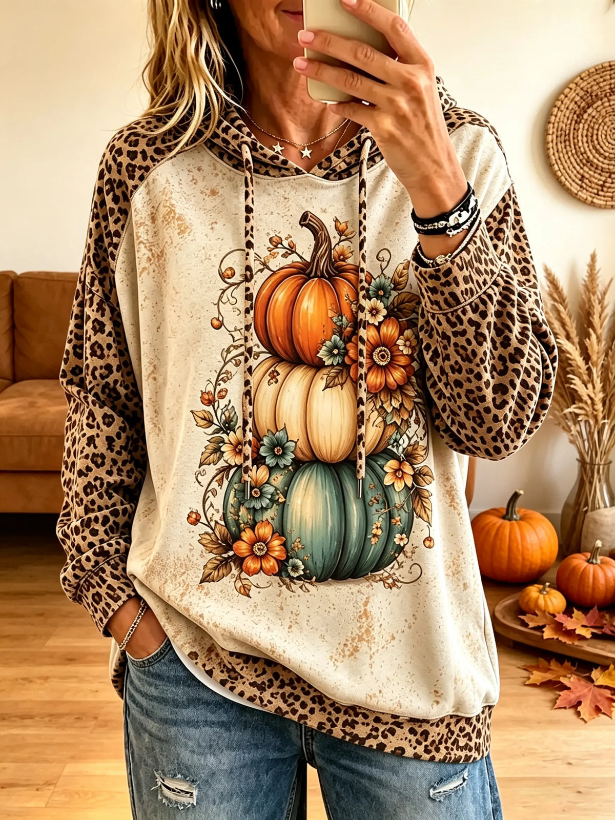 Women's Leopard Raglan Stacked Pumpkin Floral Hoodie