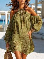 Women Halter Cold Shoulder Leopard Print Loose Mini Dress