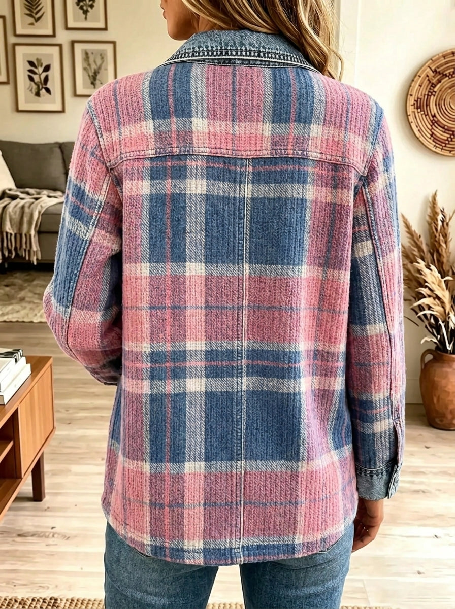 Women's Denim Patchwork Plaid Button-Down Jacket