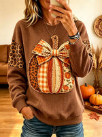 Women's Gingham Leopard Patchwork Pumpkin Waffle Sweatshirt