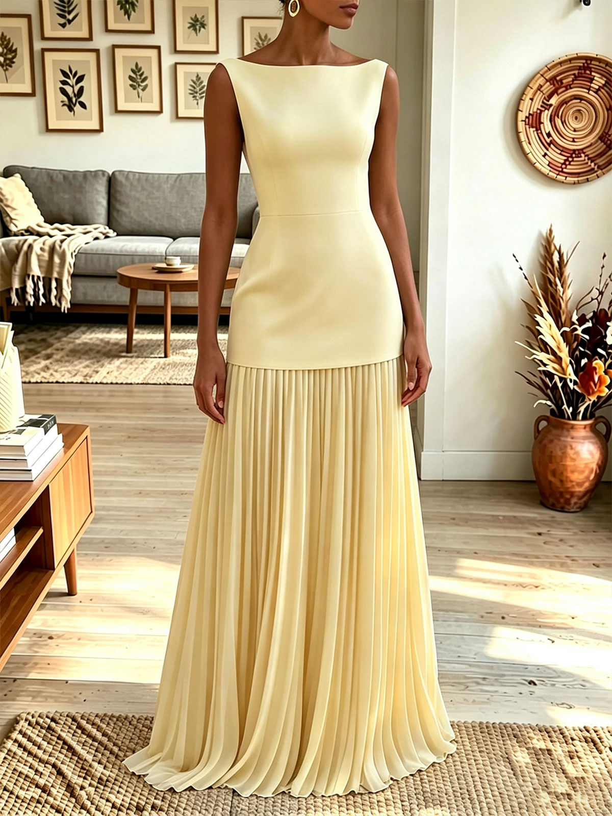 Women Boat Neck Sleeveless Two‑Tone Pleated Maxi Evening Dress