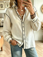 Retro Color Block Art Stand Collar Casual Long Sleeve Cotton Shirt