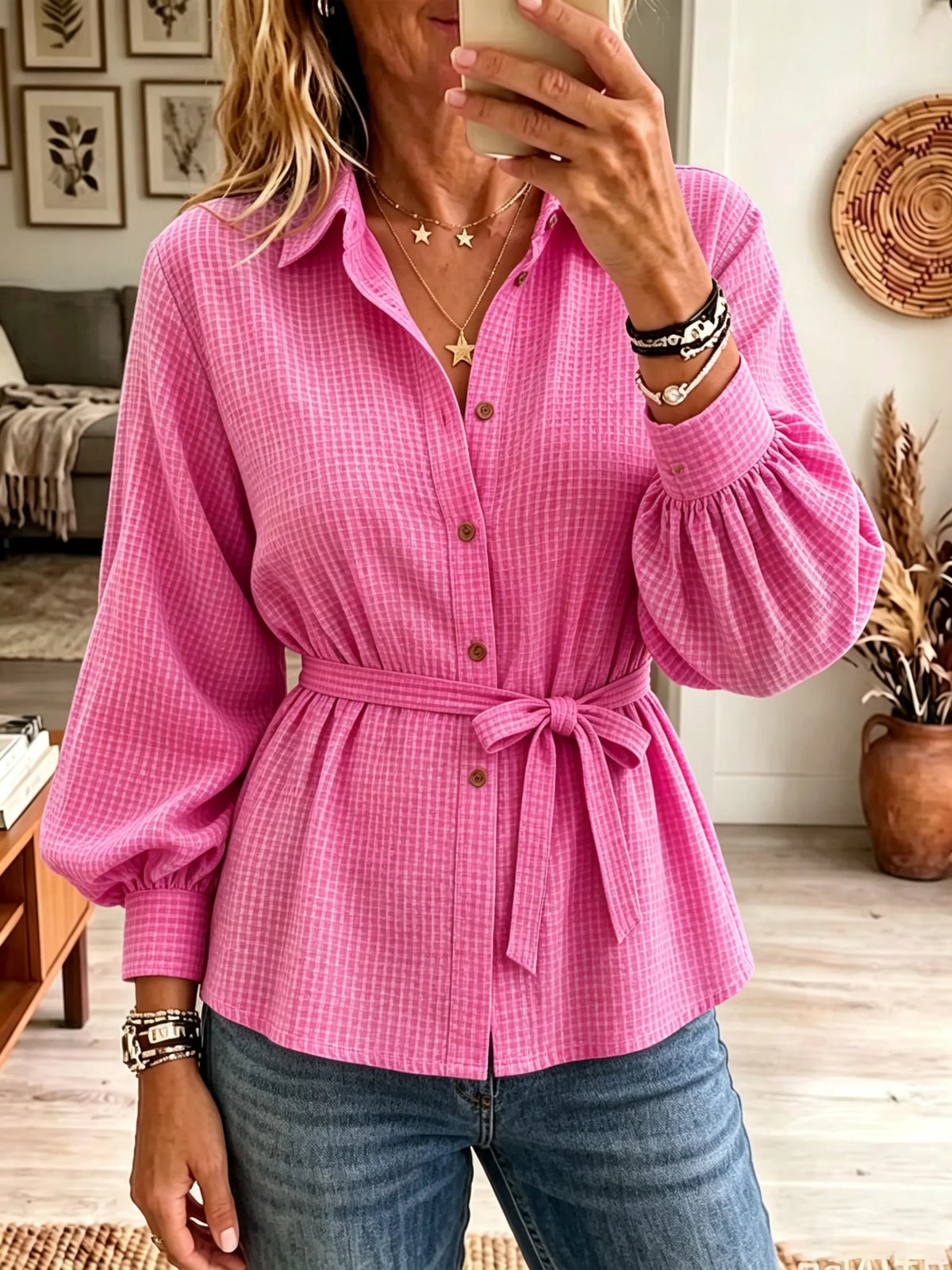 Women's Belted Waffle Knit Button-Down Tunic Shirt