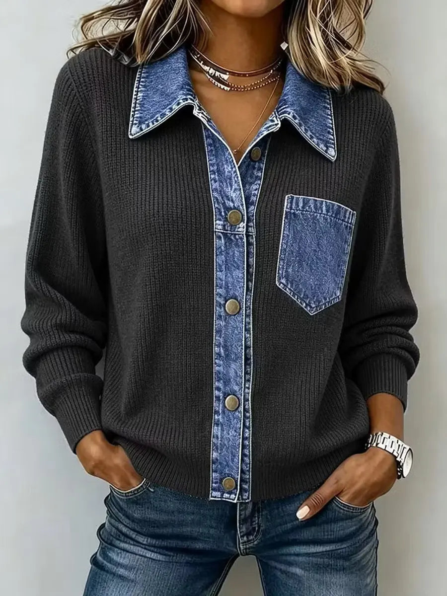 Retro Lapel Art Casual Stylish Denim Patchwork Long Sleeve Knit Top