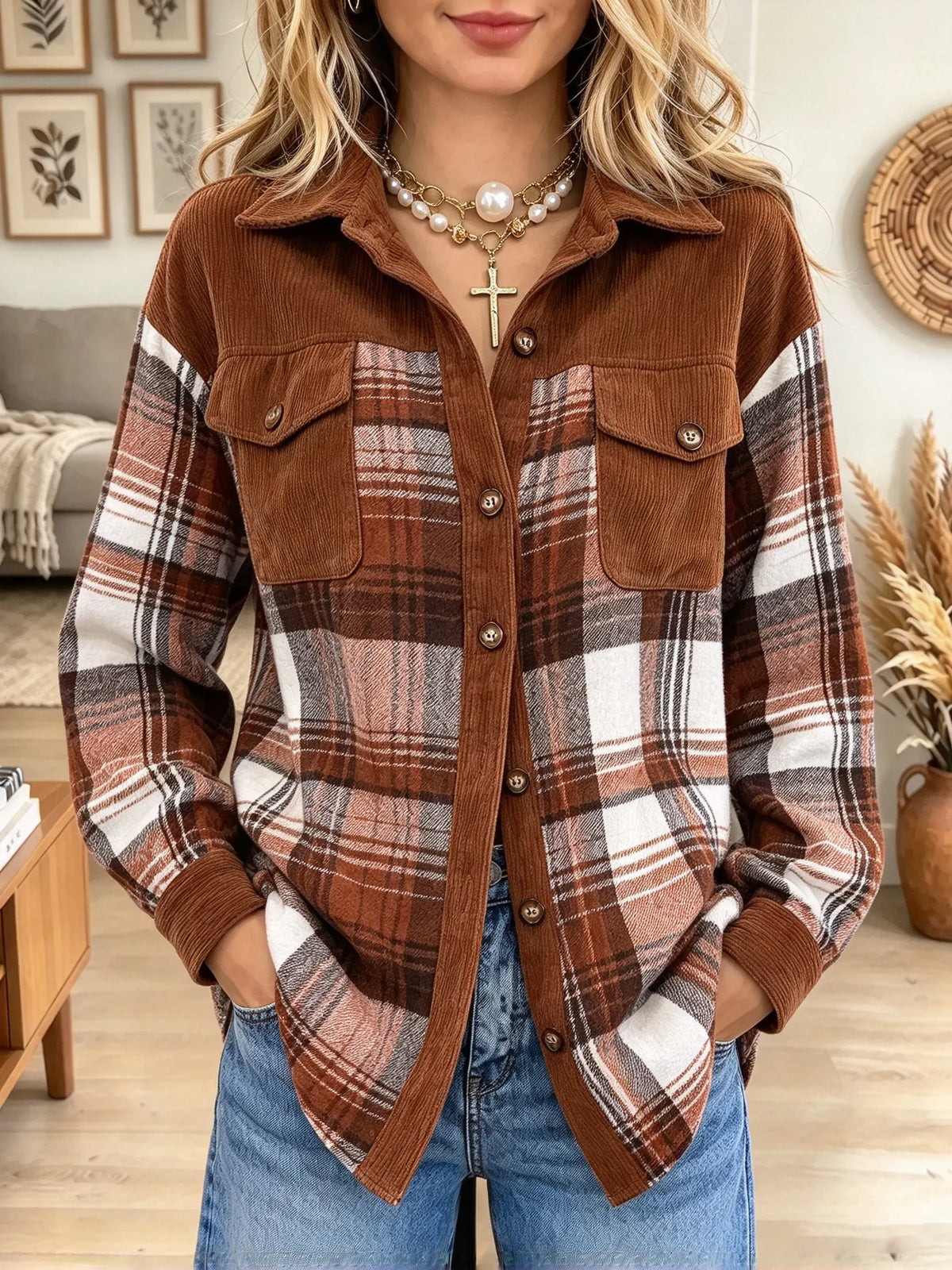 Women's Colorblock Corduroy Plaid Shirt