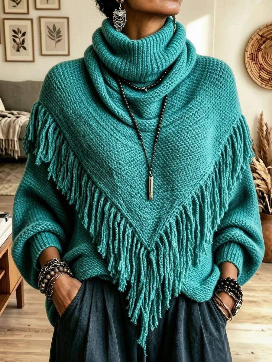 Women's High-neck Asymmetrical Triangular Shawl-style Tassel Knit Top