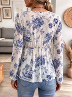 Retro Floral Pattern Art Print Casual Stylish Long Sleeve Mesh V Collar Shirt