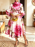 Women Floral Print Mock Neck Puff Sleeve A‑Line Midi Dress