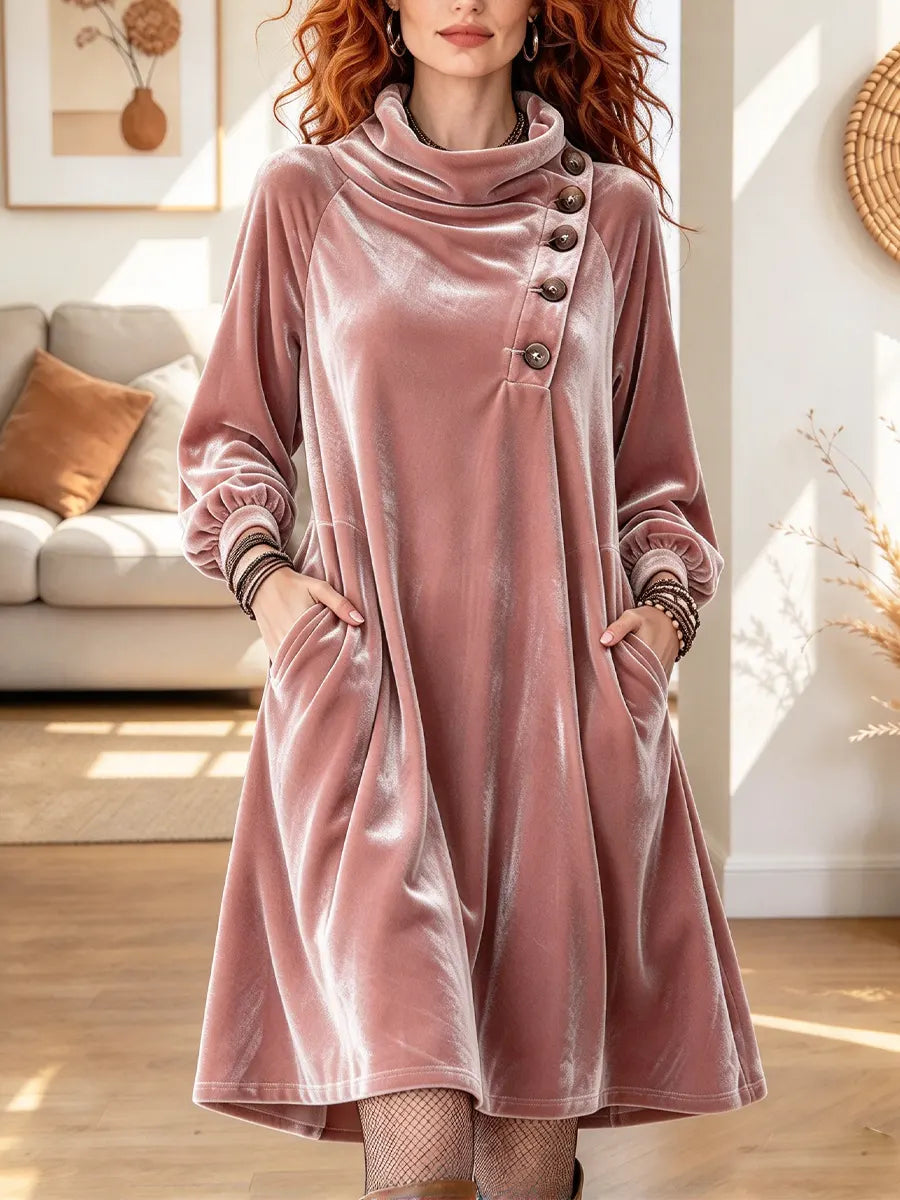 Vintage Chic Cowl Neck Velvet Art Casual Stylish Long Sleeve Mini Dress