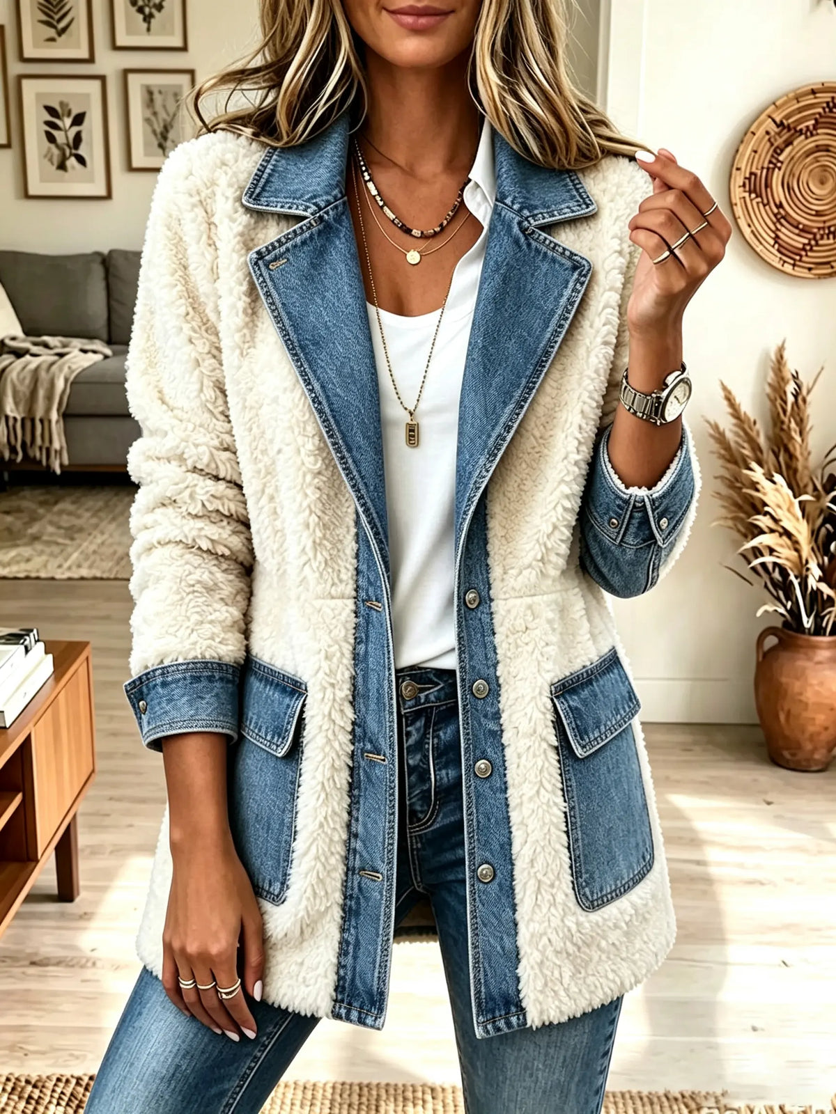 Women's Denim Patchwork Sherpa Fleece Coat