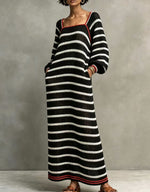 Women Square Neck Stripe Knit Long Sleeve Pocket Maxi Dress