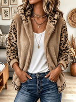 Women's Beige Fuzzy Faux Shearling Zip-Up Hoodie with Leopard Print Trim