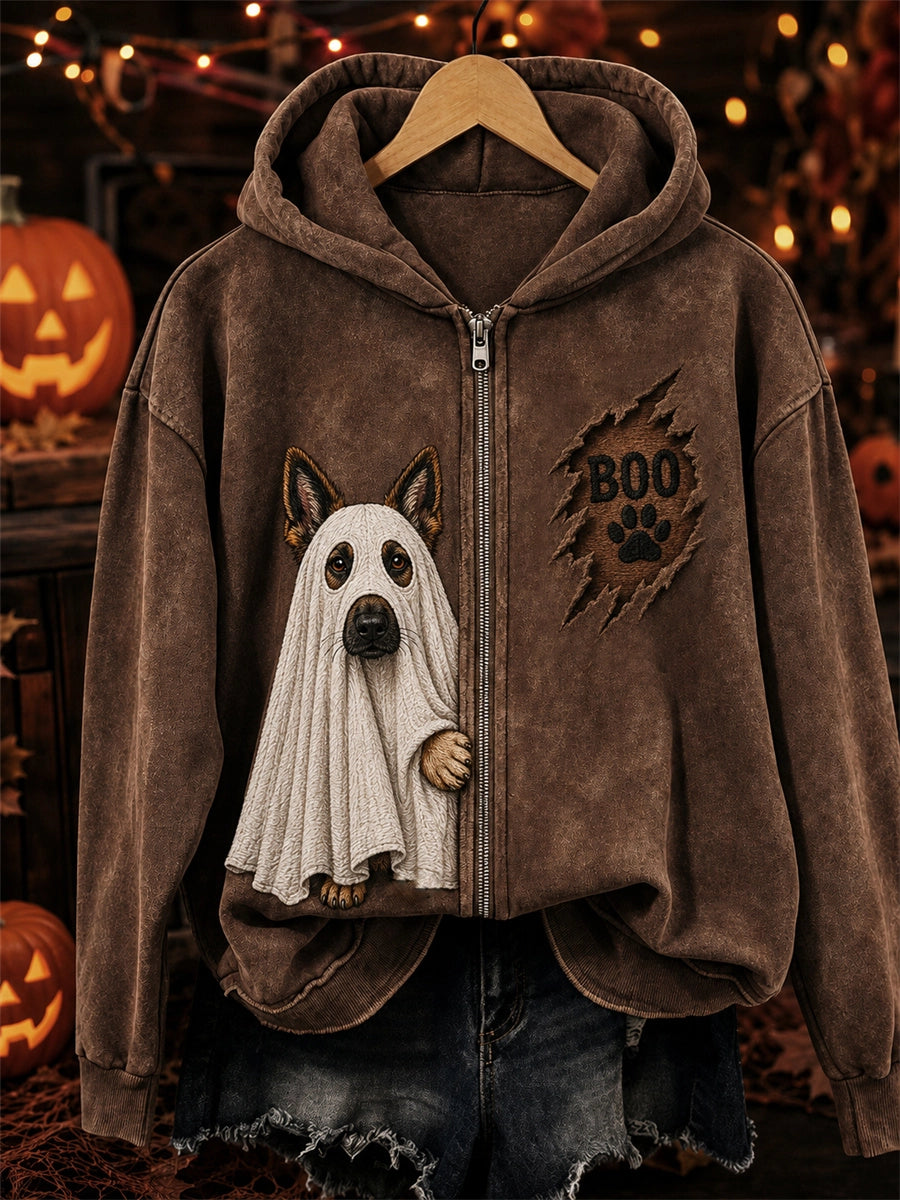 Women's Ghost Dog Distressed Full-Zip Hoodie