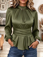 Women's Olive Green Satin High Neck Pleated Peplum Blouse