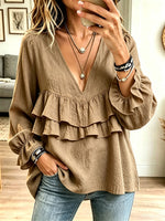 Women V‑Neck Double Ruffle Flounce Long Puff Sleeve Blouse Top