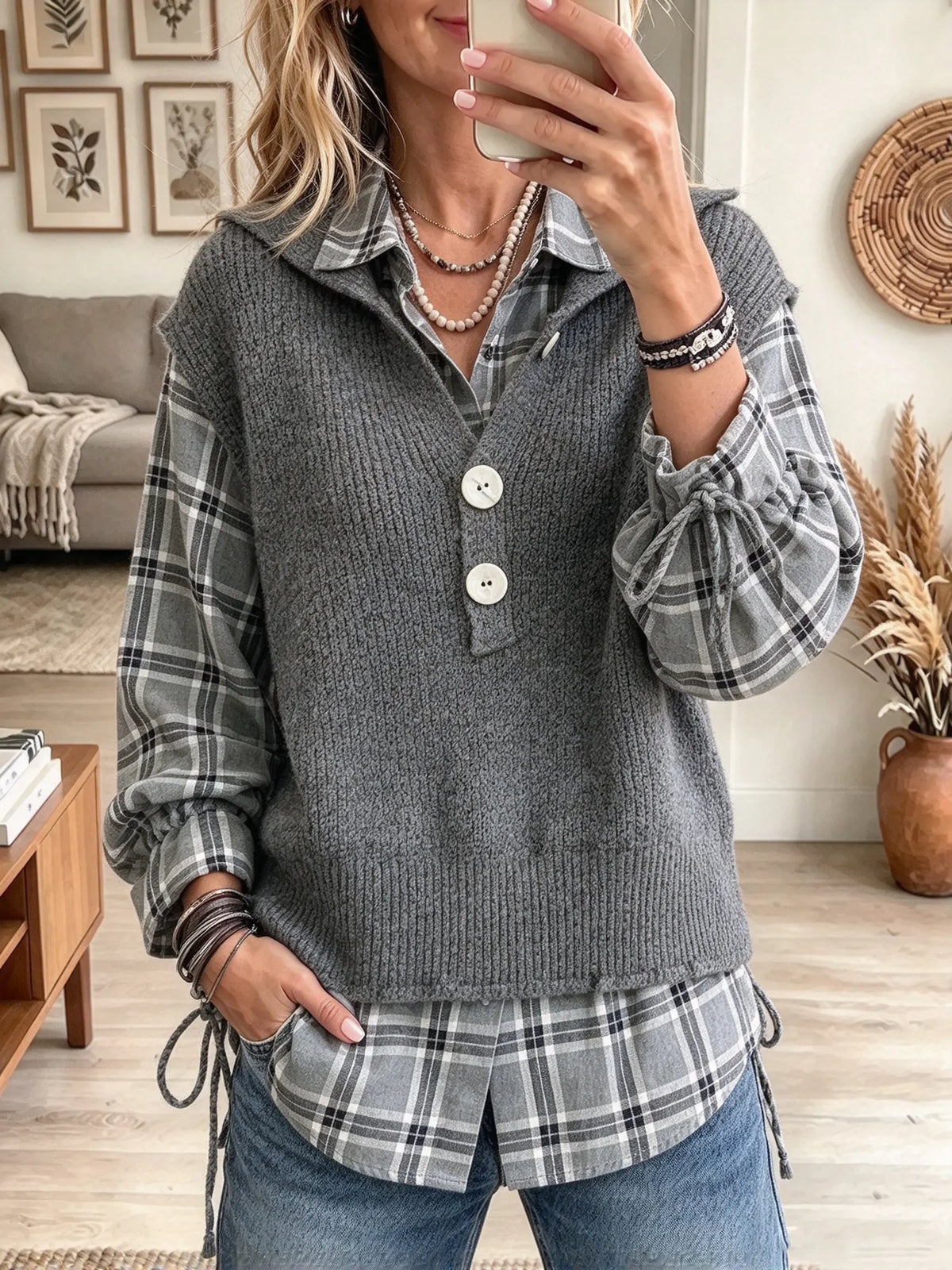 Women's Plaid Shirt and Knit Vest Fake Two-Piece Top