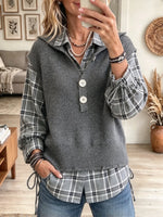 Women's Plaid Shirt and Knit Vest Fake Two-Piece Top