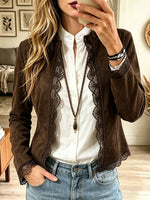 Women's Scalloped Lace Trim Faux Suede Blazer