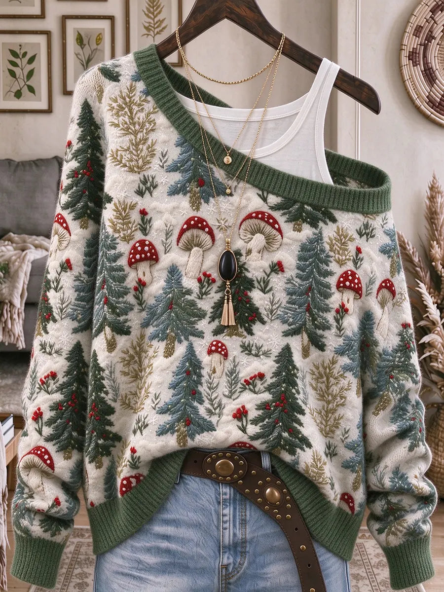 Women's Christmas Seamless Print Off-shoulder Long-sleeve Loose Knit Pullover Sweater