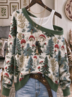 Women's Christmas Seamless Print Off-shoulder Long-sleeve Loose Knit Pullover Sweater
