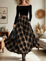 Women Black Velvet Off-Shoulder Plaid Maxi Swing Dress