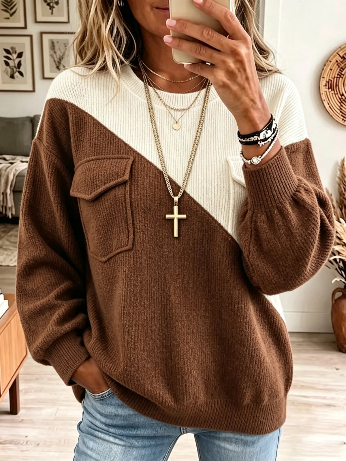 Women's Colorblock Diagonal Knit Pullover Sweater
