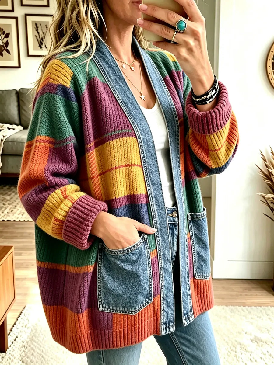 Women's Vintage Print Pocket Denim Patchwork Jacket