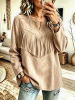 Retro Western Fringe Patchwork Art Casual Stylish Long Sleeve Suede Top