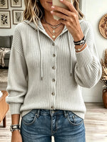 Women's Hooded Button-Down Ribbed Knit Cardigan