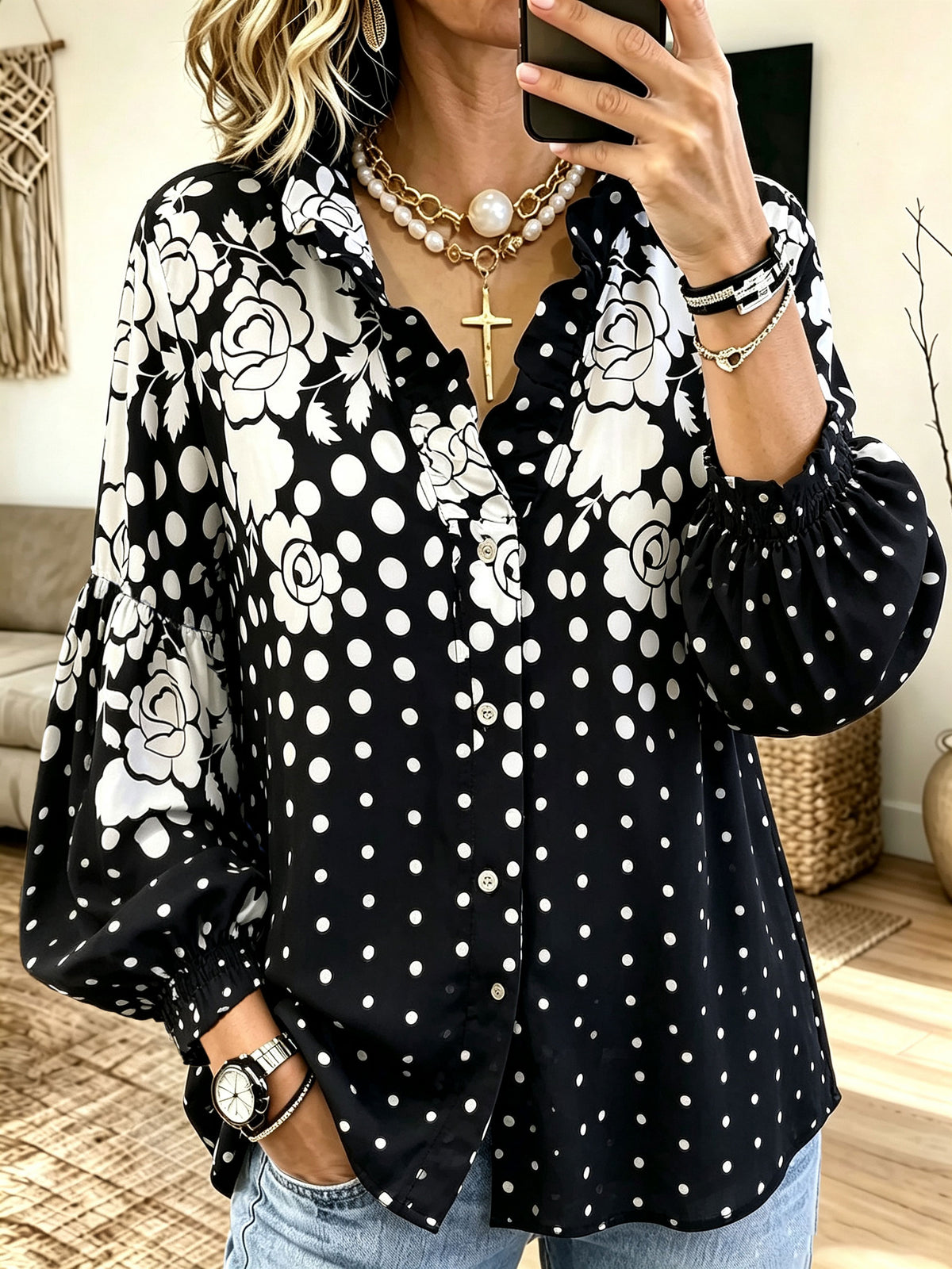 Women Floral Polka‑Dot Ruffle Collar Balloon Long Sleeve Button‑Down Blouse