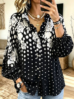 Women Floral Polka‑Dot Ruffle Collar Balloon Long Sleeve Button‑Down Blouse
